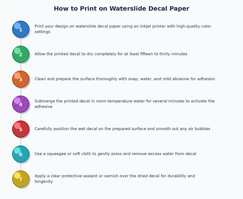 step-by-step process diagram showing how to print on waterslide decal paper from design file to finished transfer