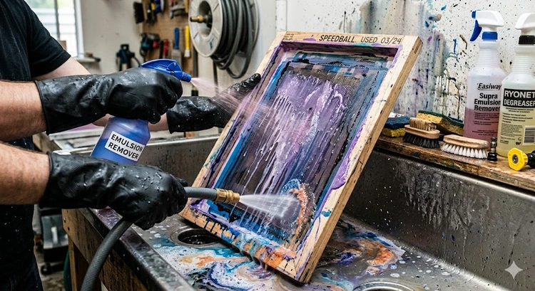 how to reclaim screen printing screens using emulsion stripper and pressure washer on aluminum frame