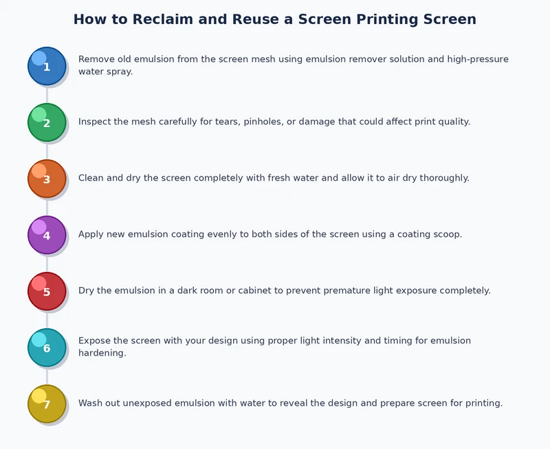 Step-by-step screen printing screen reclaiming process showing chemical application, scrubbing, and pressure washing stages