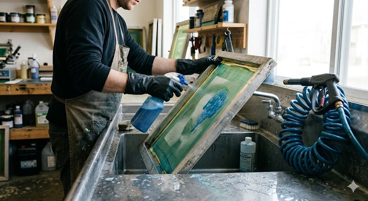 step-by-step process for how to reclaim screen printing screens using emulsion remover and a washout booth