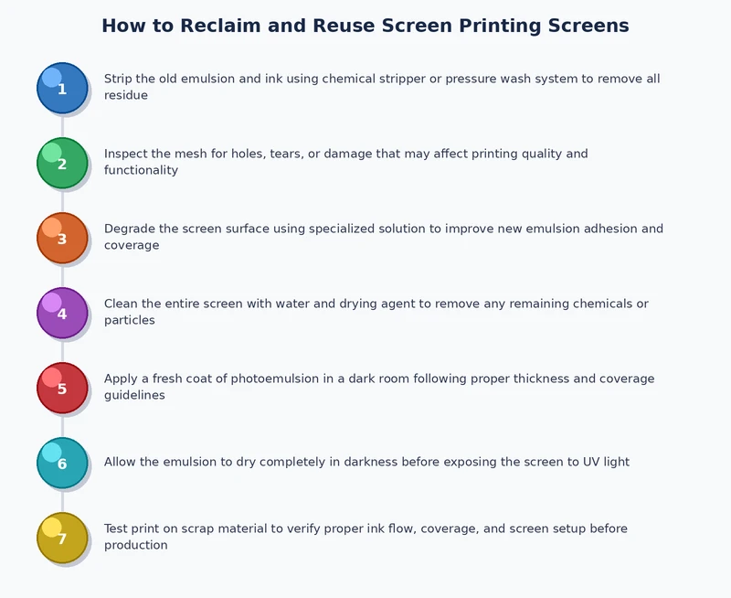 four-stage screen reclaiming process diagram: ink removal, emulsion remover application, high-pressure washout, and dehazing inspection