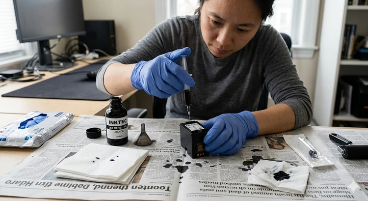 How to refill ink cartridges at home — syringes, gloves, and ink bottles on a workbench