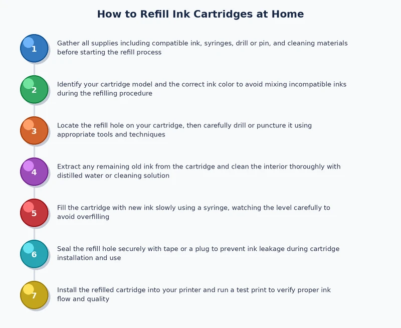 Step-by-step process diagram for refilling an inkjet ink cartridge at home