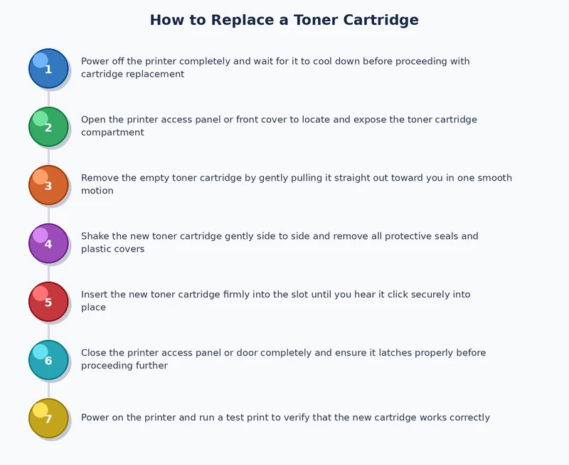 Step-by-step process diagram for how to replace a toner cartridge in a laser printer