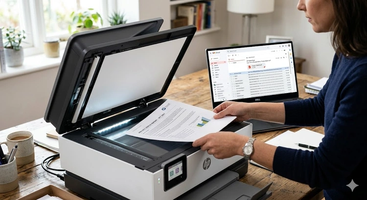 multifunction printer control panel showing scan to email menu option