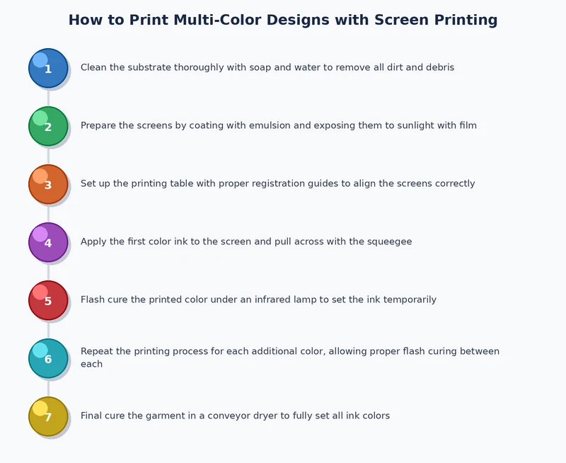 process diagram showing the full multi-color screen printing workflow from color separation to final cure