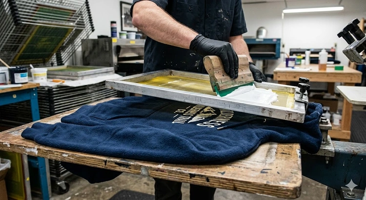 how to screen print on hoodies — squeegee pressing plastisol ink through mesh onto thick fleece fabric