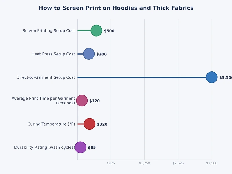 chart comparing mesh count, ink type, and cure temperature for screen printing on hoodies vs. standard t-shirts