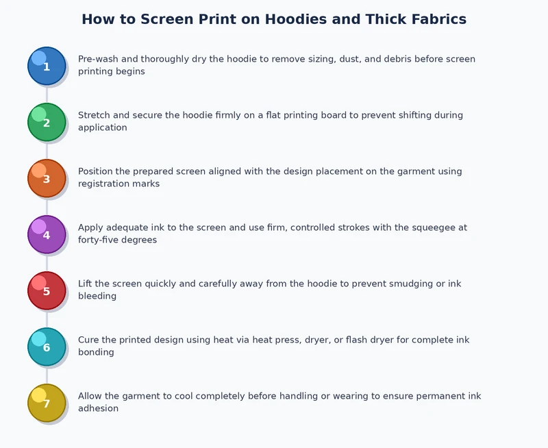 process diagram showing the five-step screen printing workflow for hoodies including platen loading, flood stroke, double print stroke, flash cure, and final cure