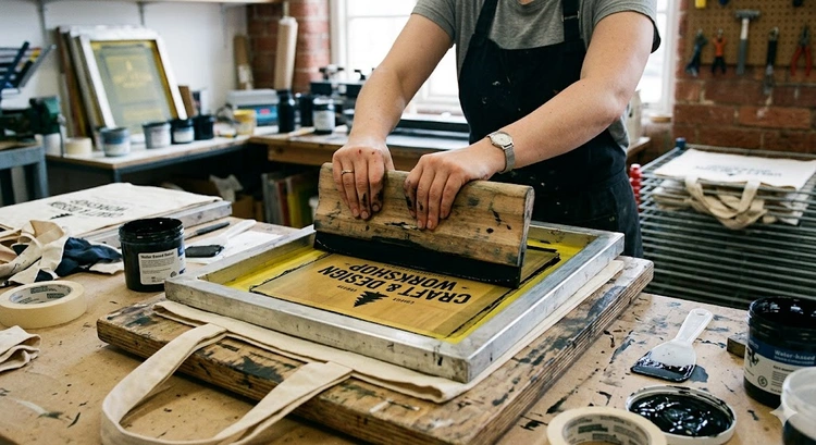 screen printing on tote bags with plastisol ink on a flat-bed manual press