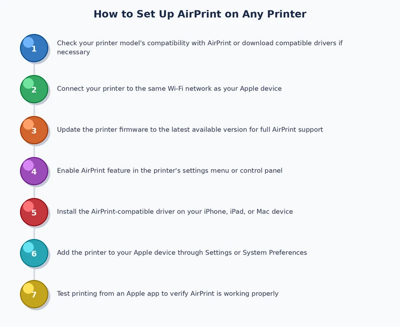 AirPrint setup process diagram showing Wi-Fi network connection steps for compatible printers