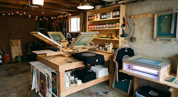 Home screen printing studio setup with manual press, squeegees, and ink jars on a workbench