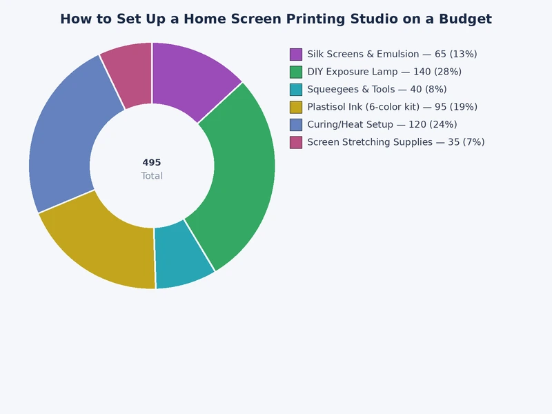 Bar chart comparing startup costs for home screen printing studio setups at budget, mid-range, and advanced levels