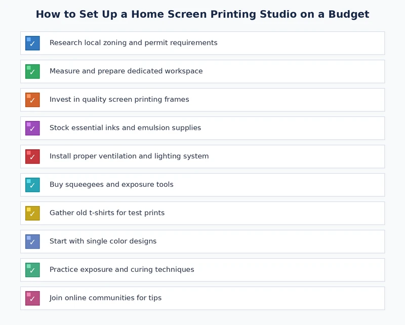 Home screen printing studio setup checklist showing essential equipment, space requirements, and workflow steps