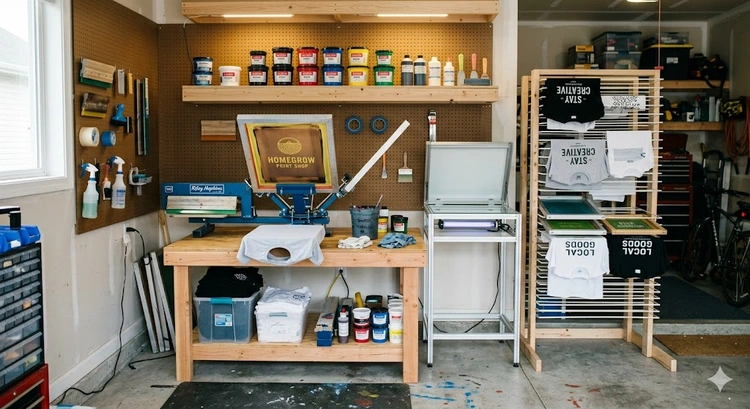 home screen printing setup with aluminum frame screen, squeegee, and ink on a workbench