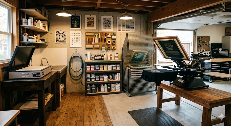 home screen printing studio setup with exposure unit, press, and organized ink stations