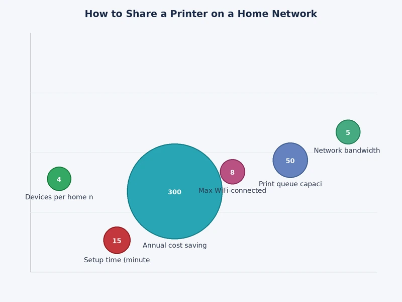 Chart comparing home printer sharing methods by setup difficulty and cross-platform compatibility