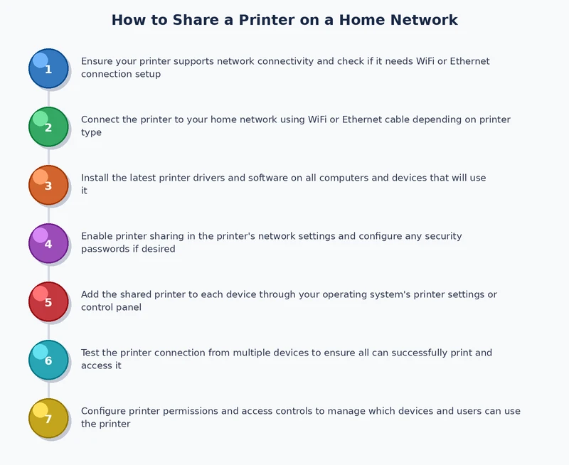 process diagram showing steps to share a printer on a home network across Windows and macOS