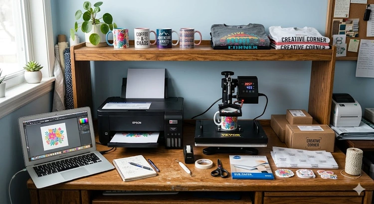sublimation printing business setup with heat press printer and blank mugs and shirts