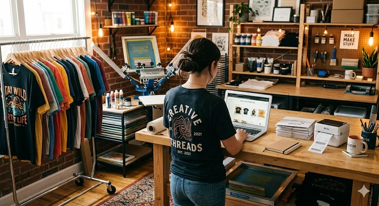 organized vinyl rolls stored horizontally on a wall-mounted dowel rack in a craft studio