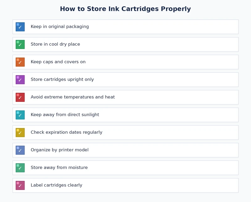 ink cartridge storage checklist covering temperature humidity orientation and sealing steps