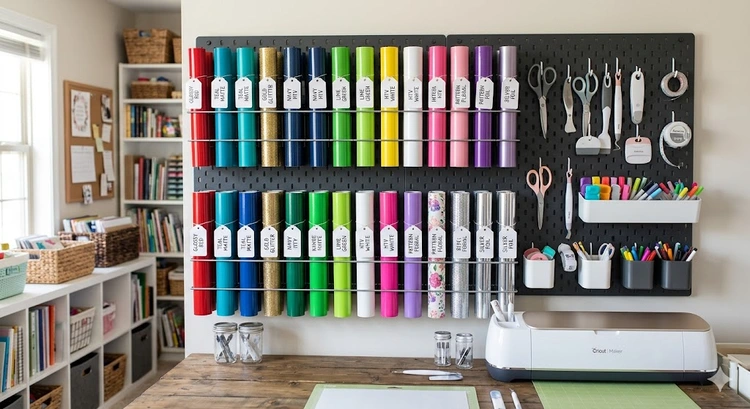 How to store vinyl rolls horizontally on wall-mounted dowel racks to prevent adhesive damage