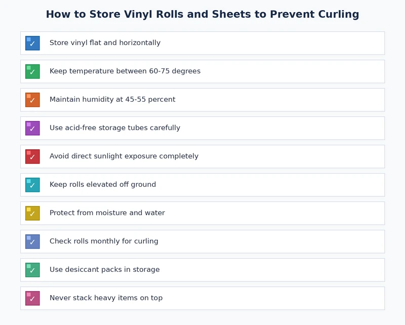 Vinyl storage checklist covering roll orientation, temperature control, and sheet storage best practices to prevent curling