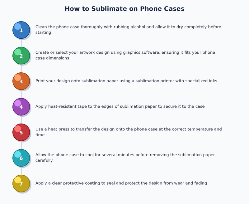 Process diagram showing the seven-step workflow for how to sublimate on phone cases from pre-press through final peel