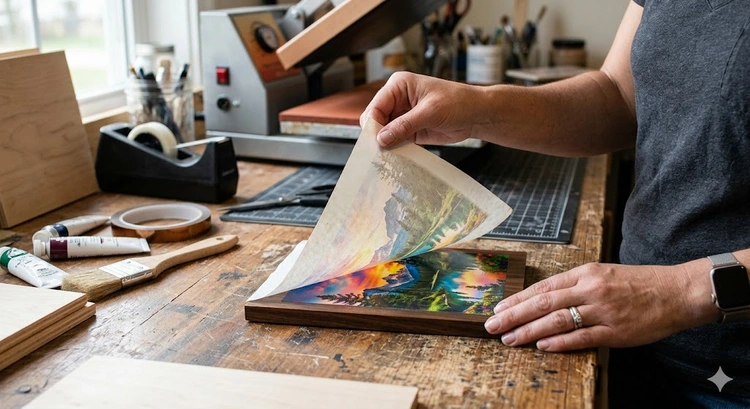 How to sublimate on wood — polycrylic-coated MDF blank positioned for heat press transfer