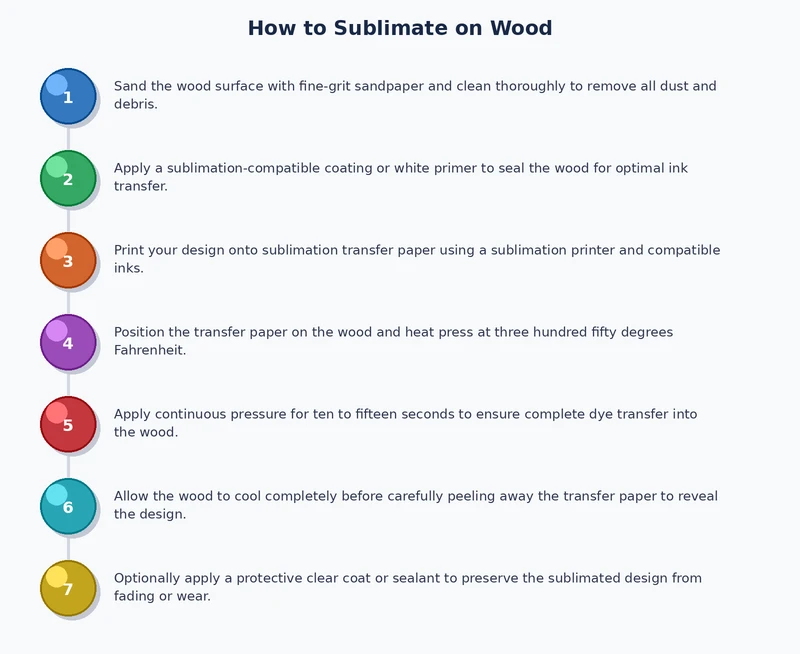 Step-by-step wood sublimation process diagram from sanding and coating through heat press to finished transfer