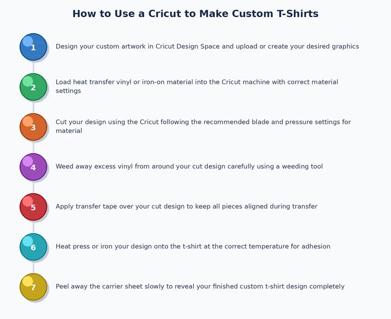 process diagram showing step-by-step cricut t-shirt workflow from design to finished transfer