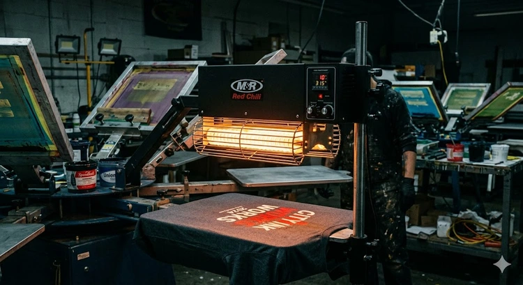 flash dryer positioned above screen printing platen demonstrating flash dryer screen printing how to use setup