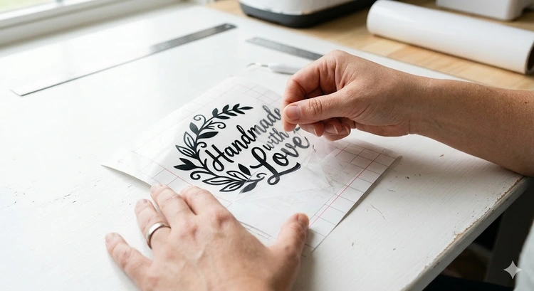 how to use transfer tape for vinyl showing burnishing technique over weeded adhesive vinyl design on backing paper