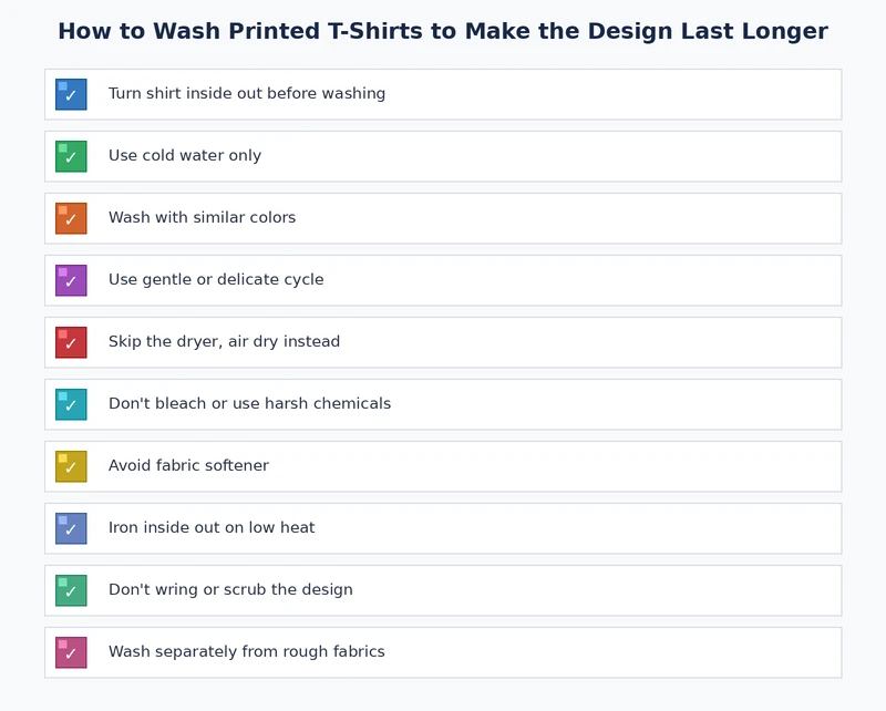 printed t-shirt care checklist covering cold wash, inside out, air dry, and no fabric softener steps