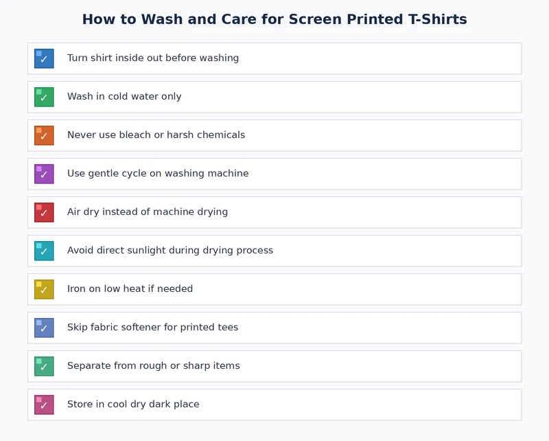 screen printed t-shirt washing checklist — cold water, inside-out, gentle cycle, air dry