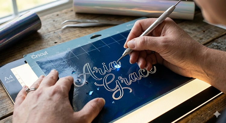 how to weed small vinyl letters using a fine-point hook on a light pad