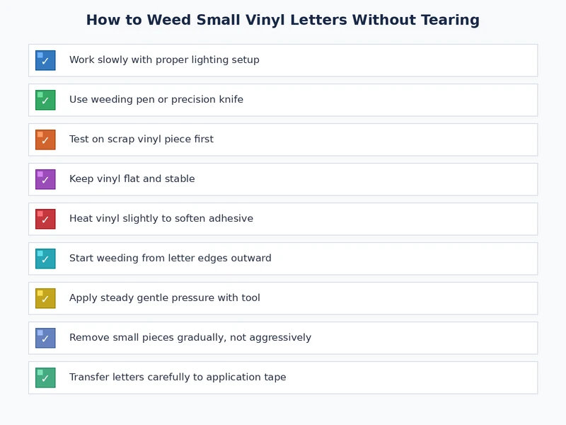 weeding checklist for small vinyl letters covering tools, settings, and technique steps