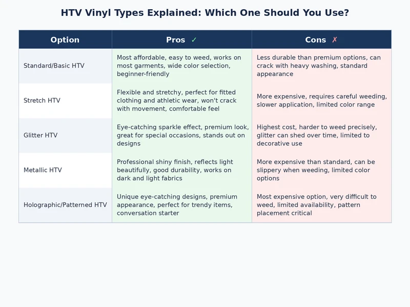 comparison chart of types of HTV vinyl for heat press showing press temperature, time, and best use cases side by side