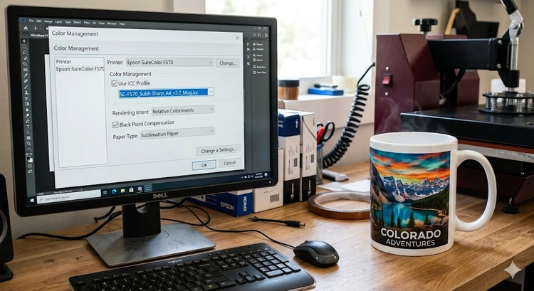 ICC color profiles for sublimation printing configured in print driver and design software