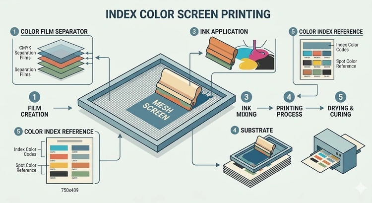 infographic showing the index color screen printing workflow from indexed artwork to finished shirt