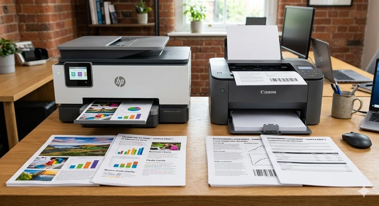 inkjet vs laser printer for home office side-by-side comparison on a desk