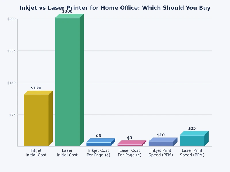 bar chart comparing inkjet vs laser printer cost per page and print speed for home office