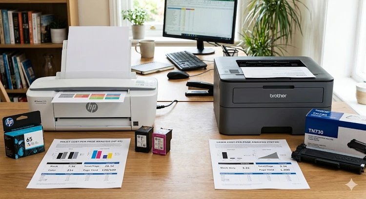 Inkjet cartridges and laser toner cartridges side by side illustrating inkjet vs laser printer cost per page difference