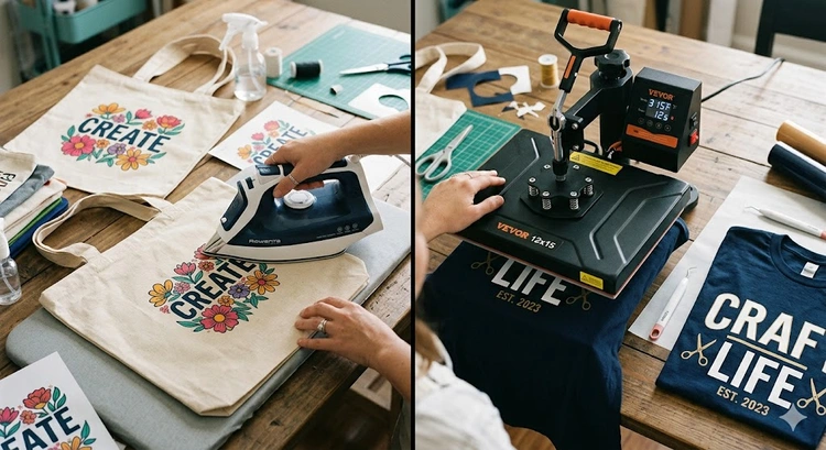 Iron-on vs heat transfer vinyl rolls laid side by side on a craft cutting mat