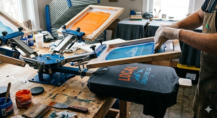 multi color screen printing at home setup with two screens on a hinge clamp pallet