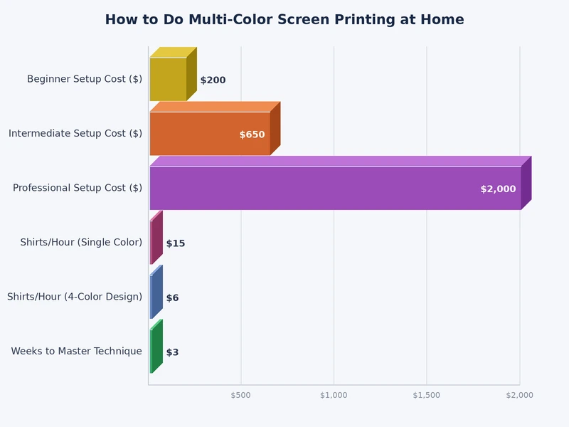 chart comparing number of colors, screens needed, setup time, and difficulty level for multi-color screen printing