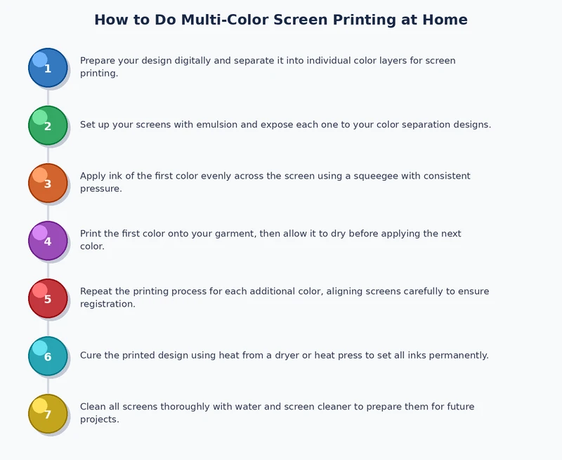 process diagram for multi-color screen printing at home showing film positive, screen exposure, registration, and color layering steps