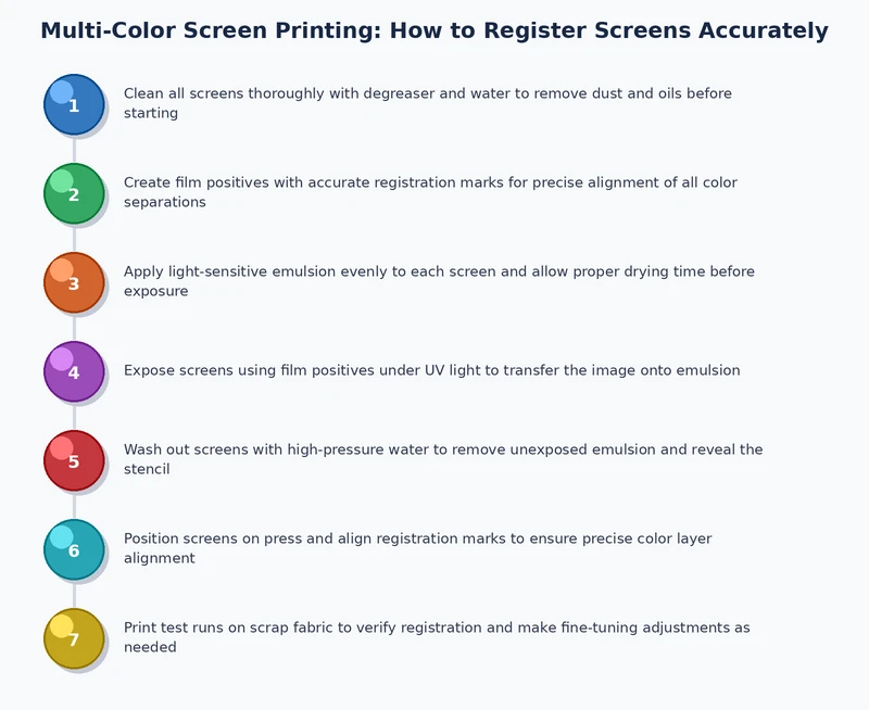 step by step process diagram for how to register multi color screen printing on a manual press
