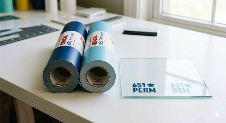 Oracal 651 vs 631 vinyl rolls side by side showing permanent glossy and removable matte finishes