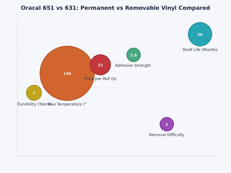 Comparison chart showing Oracal 651 vs 631 differences in adhesive strength, durability, finish, and recommended surfaces